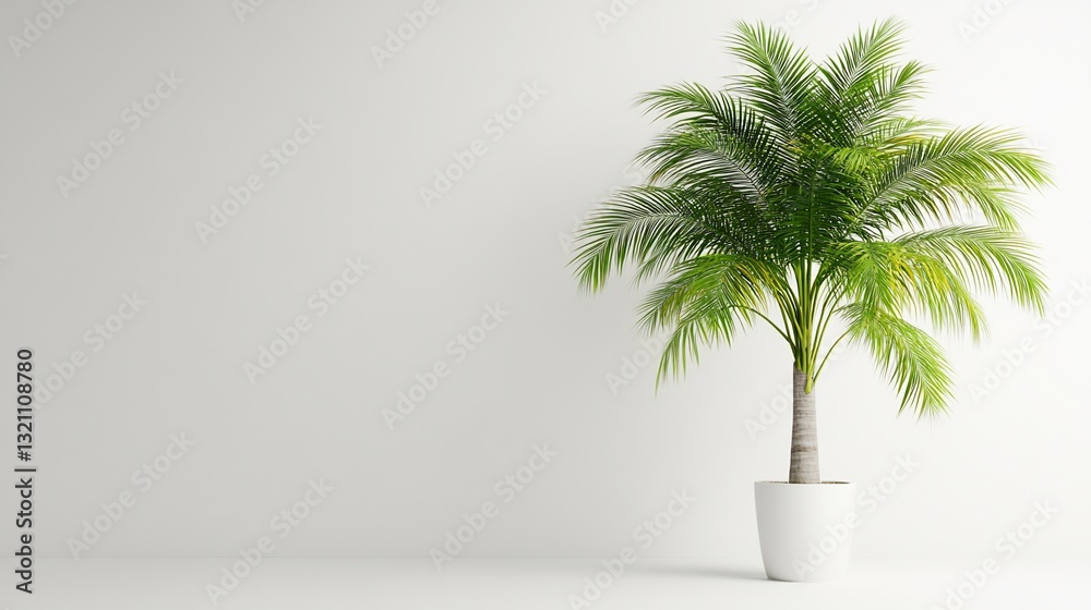 Obraz premium Lush potted palm tree against a minimalist white backdrop
