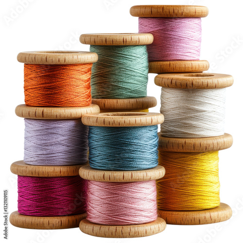 Colorful embroidery threads arranged in stack of wooden spools. Clipart Photo isolated on transparency background