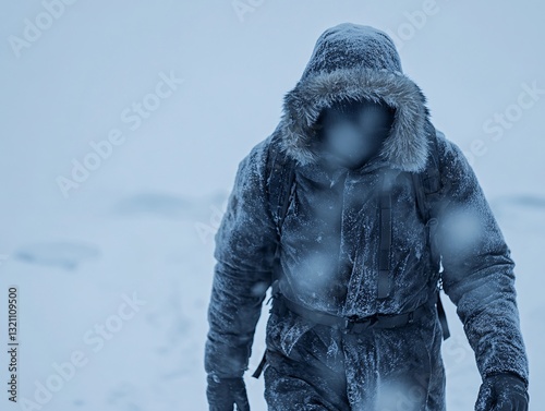 Lone figure braving a blizzard in the arctic survival image cold environment close-up perspective resilience concept