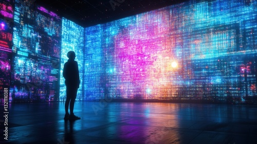 A futuristic interpretation of interreligious communication, blending faith traditions into a glowing digital tapestry photo