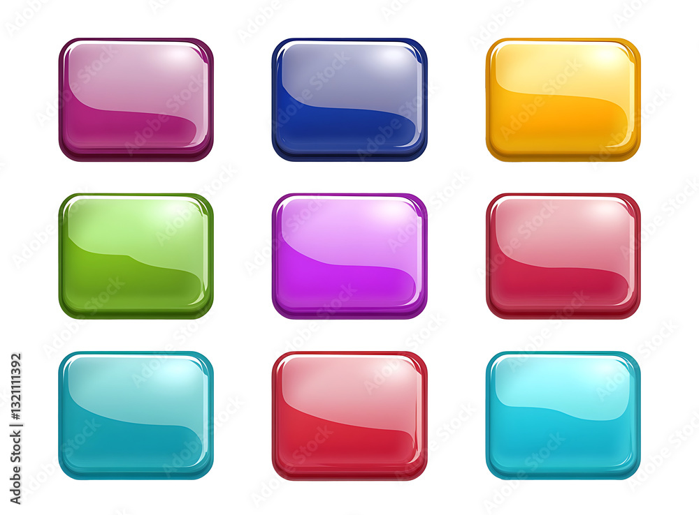 Set of Glossy Square Buttons with Rounded Corners, Colorful UI Elements in white & transparent Set of Glossy Square Buttons with Rounded Corners, Colorful UI Elements in white & transparent