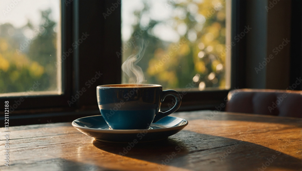 Fototapeta premium Warm cup of coffee resting on a table beside a sunlit window in the morning