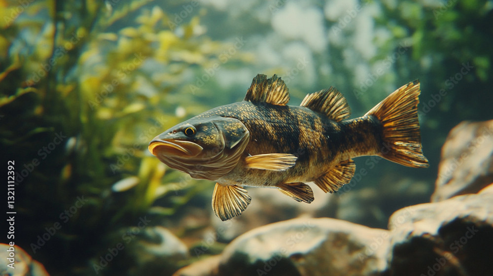 Fototapeta premium Stunning underwater image of a brown fish swimming in aquatic plants sea lake pond fins life gold