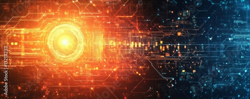 Futuristic technology circuit with digital patterns and glowing energy core