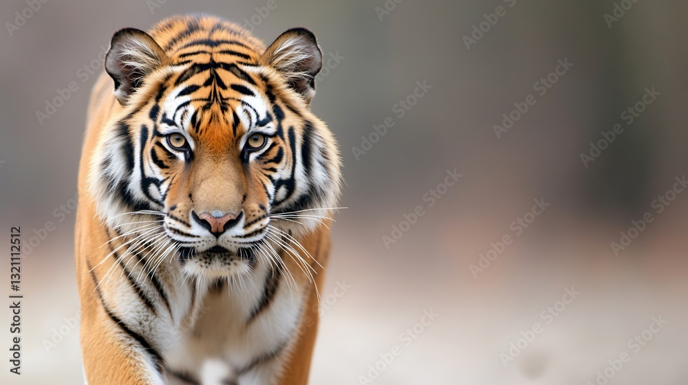 Fototapeta premium Majestic tiger walking towards viewer, intense gaze