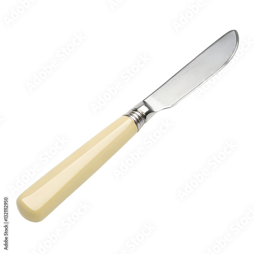 A butter knife with a cream-colored handle and a silver blade, the handle is smooth and rounded, the blade is shiny,, isolated on a transparent background photo