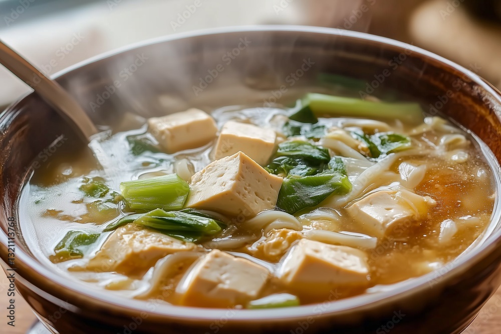 Chinese tofu soup, home cozy dinner table set, shot with natural light from a window behind, Chinese tofu soup, home cozy dinner table set, shot with natural light from a window behind,