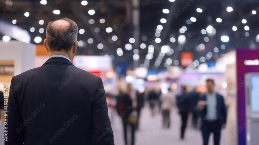 Man walks through bustling trade show floor Man walks through bustling trade show floor