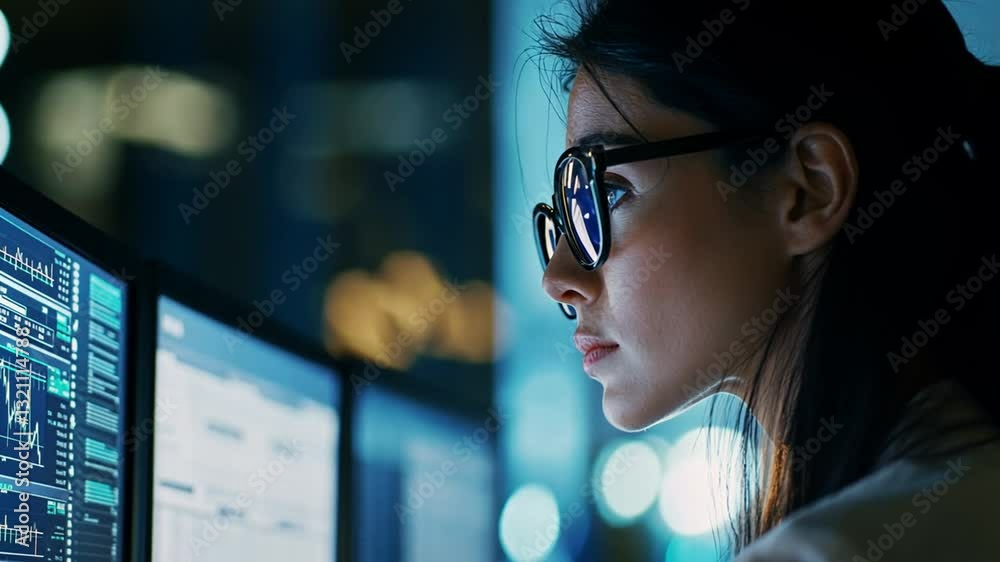 Focused Analyst Reviewing Data on Multiple Screens for Financial Projections Focused Analyst Reviewing Data on Multiple Screens for Financial Projections