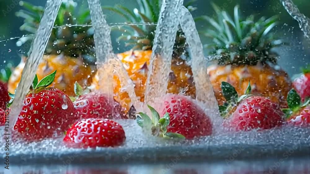 Fresh strawberries and pineapples splashing in clear water outdoors