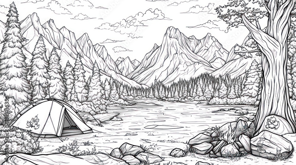 Fototapeta premium Line art camping scene mountains