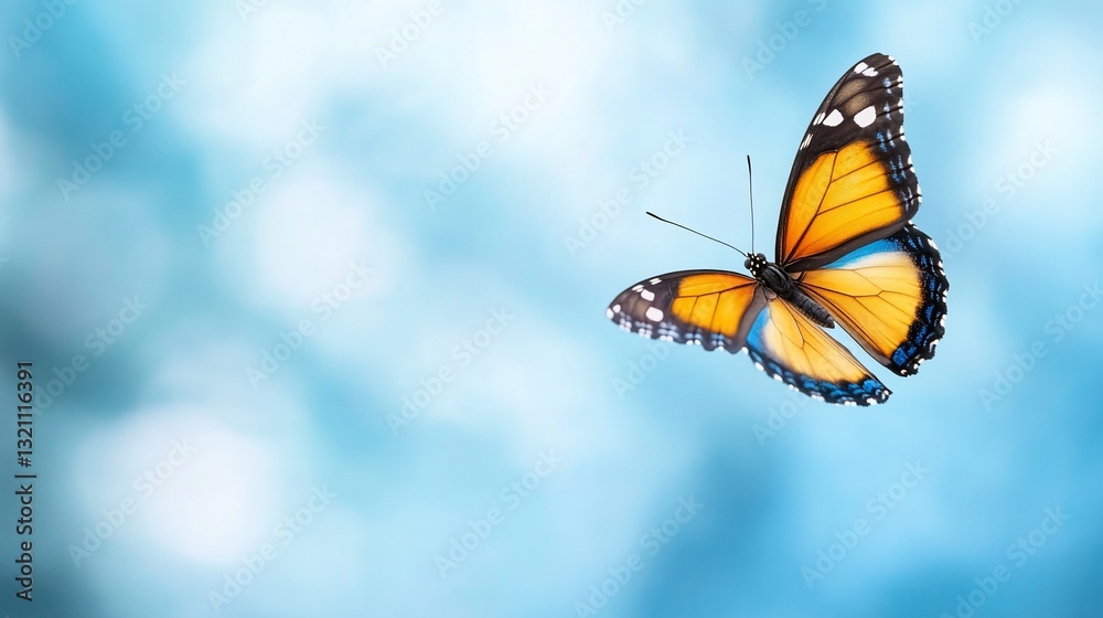 Fototapeta premium Orange butterfly in flight, blue bokeh background