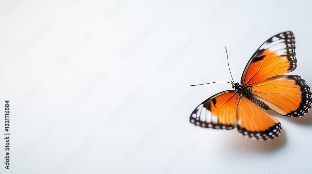 Fototapeta premium Orange butterfly with black and white markings on white background