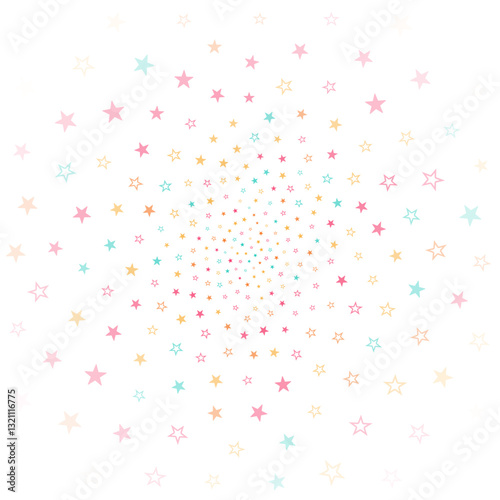 A swirling pattern of pastel-colored stars in pink, blue, and yellow on a white background, radiating from the center.