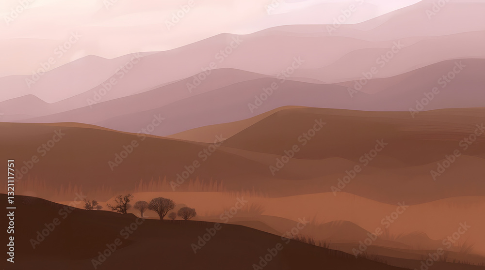 A serene digital painting depicting rolling hills and mountains under a hazy atmosphere A serene digital painting depicting rolling hills and mountains under a hazy atmosphere