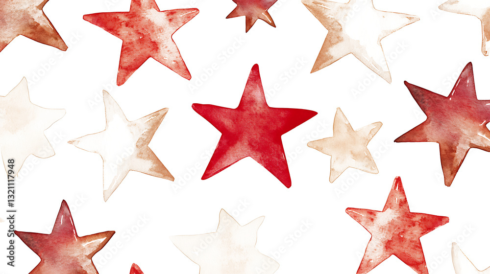 Seamless Watercolor Pattern of Red and Beige Stars, Hand-Painted in white & transparent Seamless Watercolor Pattern of Red and Beige Stars, Hand-Painted in white & transparent