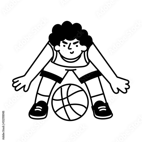 Basketball player in defence stance, doodle character illustration

