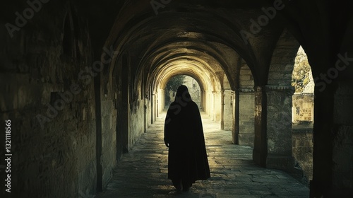 A shadowed hooded figure in a medieval aesthetic, walking alone through an empty stone passageway