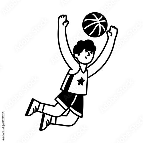 Player jump to catch basketball, doodle character illustration
