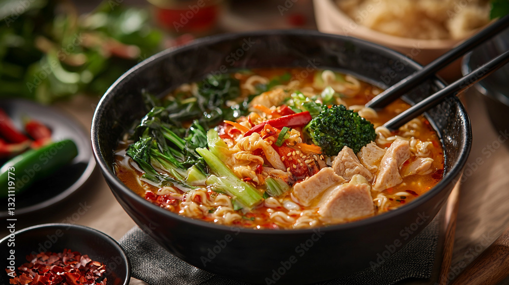 Spicy ramen noodle soup with chicken and vegetables delicious asian cuisine food photography bowl Spicy ramen noodle soup with chicken and vegetables delicious asian cuisine food photography bowl
