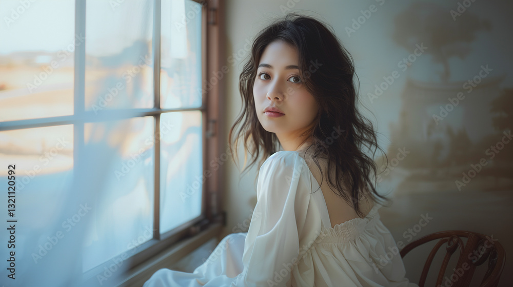白いドレスを着た女性の屋内ポートレート(日本、アジア) 白いドレスを着た女性の屋内ポートレート(日本、アジア)
