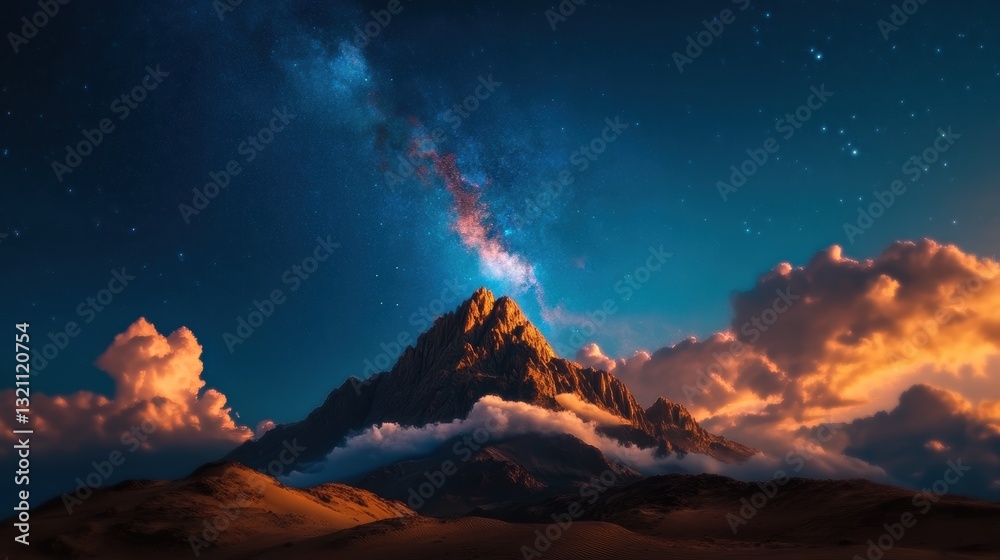 Naklejka premium Majestic Mountain Peak Under Starry Sky and Vibrant Clouds at Dusk