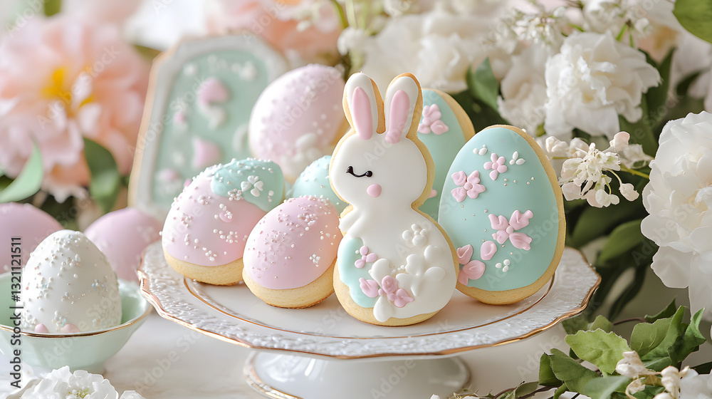 Fototapeta premium Sweet and colorful Easter cookies shaped like bunnies and eggs, decorated with bright icing and sprinkles, placed on a joyful holiday table with fresh flowers and spring decorations.