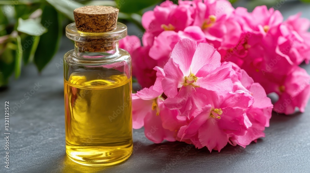 Glass bottle with cork of essential oil next to bright pink flowers and green leaves on a gray background Glass bottle with cork of essential oil next to bright pink flowers and green leaves on a gray background