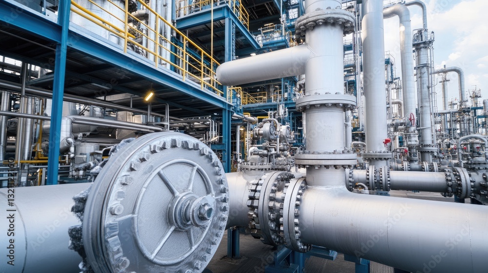 A complex network of pipelines and valves inside a petrochemical refinery. A complex network of pipelines and valves inside a petrochemical refinery.