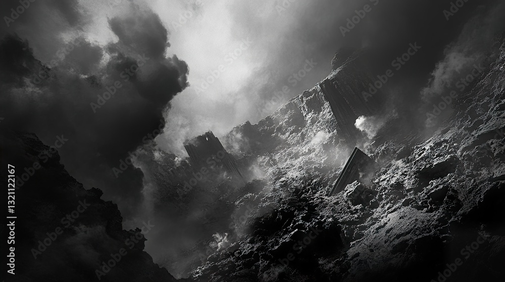 Apocalyptic Landscape: Monochromatic Ruins in a Dramatic Setting Apocalyptic Landscape: Monochromatic Ruins in a Dramatic Setting