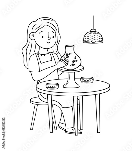 Vector illustration of making earthenware jars. Cartoon scene with a girl who is engaged in pottery and makes vases, jugs, dishes.