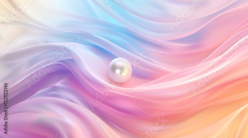 A single pearl rests on soft, flowing fabric in a pastel rainbow of colors, creating a delicate and dreamy scene.