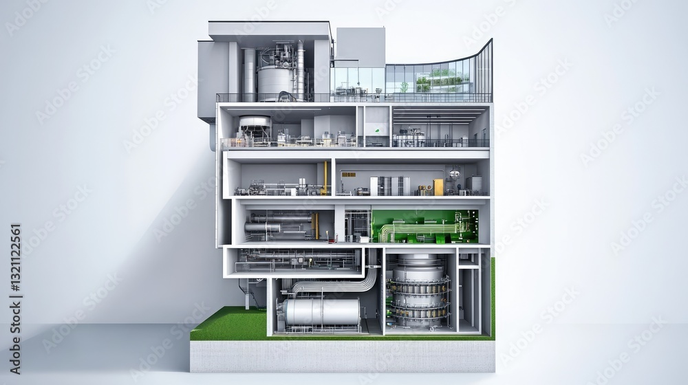 A cross-section diagram of a hydroelectric power plant's turbine system. A cross-section diagram of a hydroelectric power plant's turbine system.