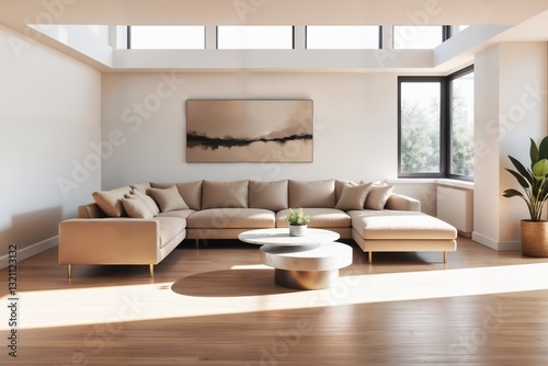 Minimalistisches Wohnzimmer mit neutralen Farben. Ein modernes, beigefarbenes L-förmiges Sofa steht auf hellem Eichenboden. Ein runder Marmortisch mit Pflanze ergänzt das Design. 