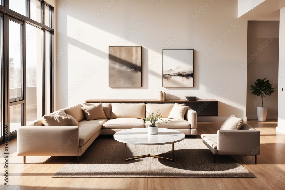 Fototapeta premium Minimalistisches Wohnzimmer mit neutralen Farben. Ein modernes, beigefarbenes L-förmiges Sofa steht auf hellem Eichenboden. Ein runder Marmortisch mit Pflanze ergänzt das Design. 