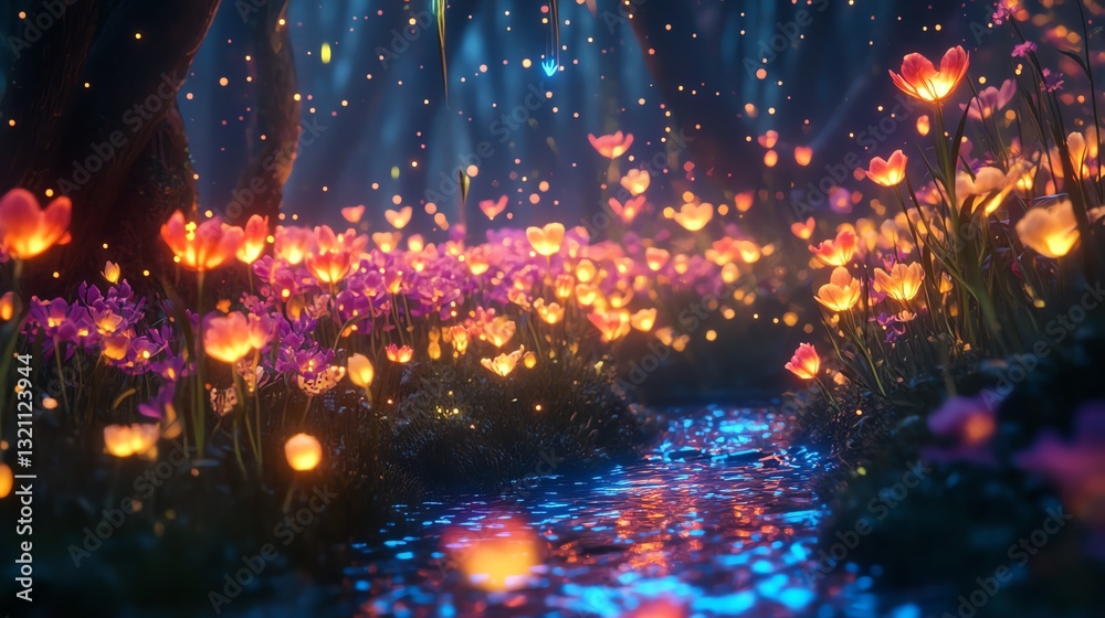Fototapeta premium Enchanted forest path with glowing flowers and stream. Magical, dreamy, fantasy landscape. Perfect for fairytale, fantasy, and nature themes.