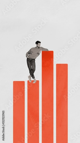 Motion creative collage video of happy businessman stand chart development