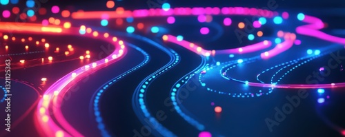 Colorful neon light trails in a fluid abstract pattern on dark background