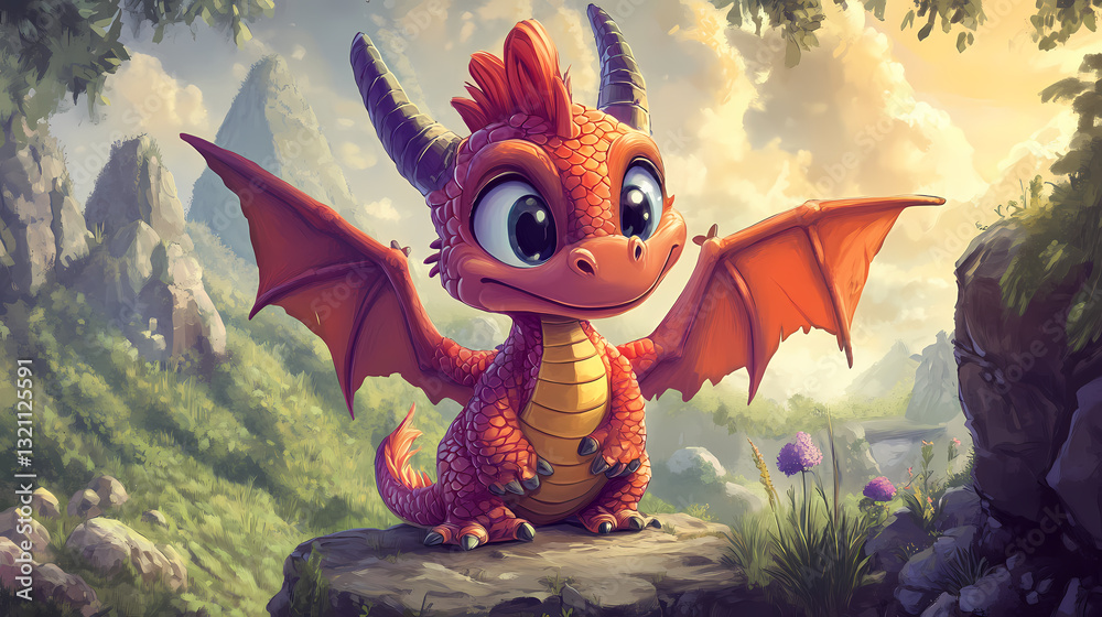 Fototapeta premium Colorful cartoon dragon character standing on a rock in a lush, vibrant fantasy landscape at sunset
