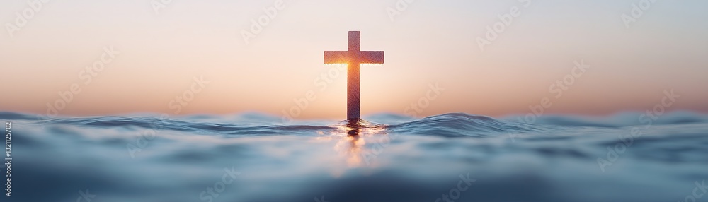 A towering cross stands tall amidst an endless ocean, emanating a divine golden light. Soft reflections shimmer on the water, creating a tranquil and spiritual atmosphere A towering cross stands tall amidst an endless ocean, emanating a divine golden light. Soft reflections shimmer on the water, creating a tranquil and spiritual atmosphere