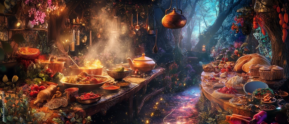 Obraz premium Enchanted forest kitchen scene. A mystical feast is prepared with steaming potions, meats, and magical ingredients. Perfect for fantasy, fairytale, and magical themes.