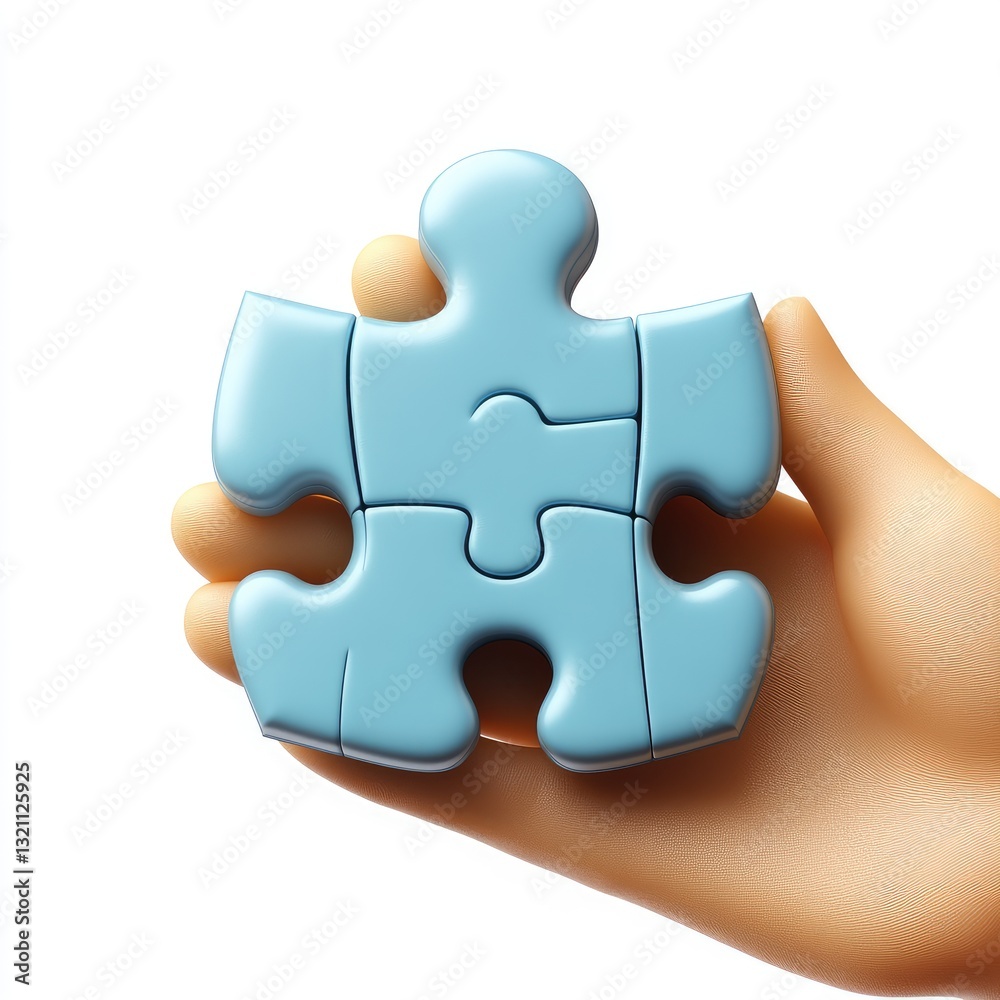 Fototapeta premium A 3D icon of a hand holding a blue puzzle, symbolizing children's intellectual development and education