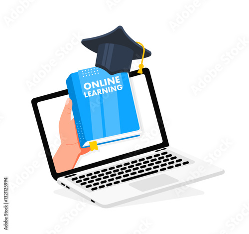 Hand holding online learning book coming out of laptop with graduation cap
