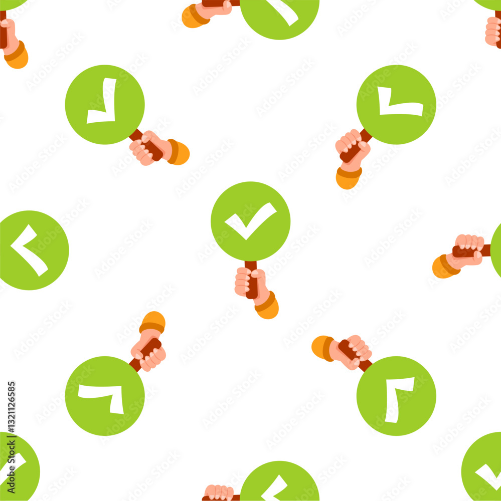Hands holding green signs with check marks, seamless pattern background Hands holding green signs with check marks, seamless pattern background