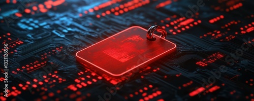 Futuristic red circuit board with illuminated data chip in close-up