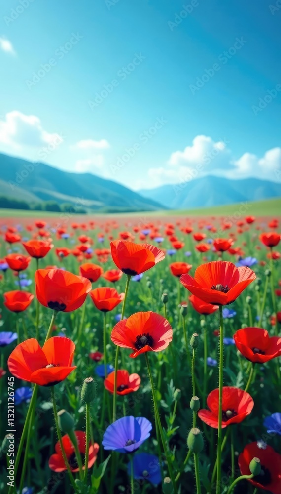 Colorful poppy flowers blooming in a vast blue field, landscape, blue hue, poppies Colorful poppy flowers blooming in a vast blue field, landscape, blue hue, poppies