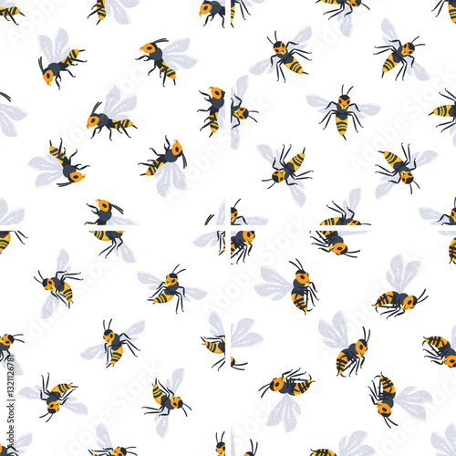 Seamless pattern of wasp flying showing wings and stinger