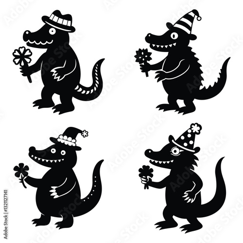 Dinosaur vector set silhouette, T-rex with shamrock clover black color icon silhouette