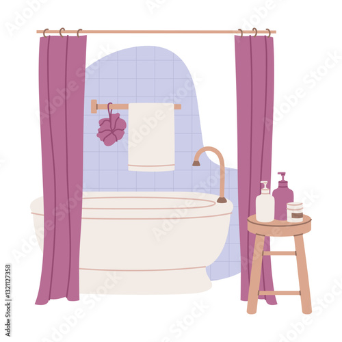 Illustration of bathroom with bathtub, shower curtain, and stool. Perfect for minimalist designs