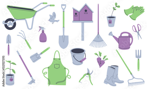 Set of gardening tools, plants and items. Flat graphic elements for spring and summer designs.